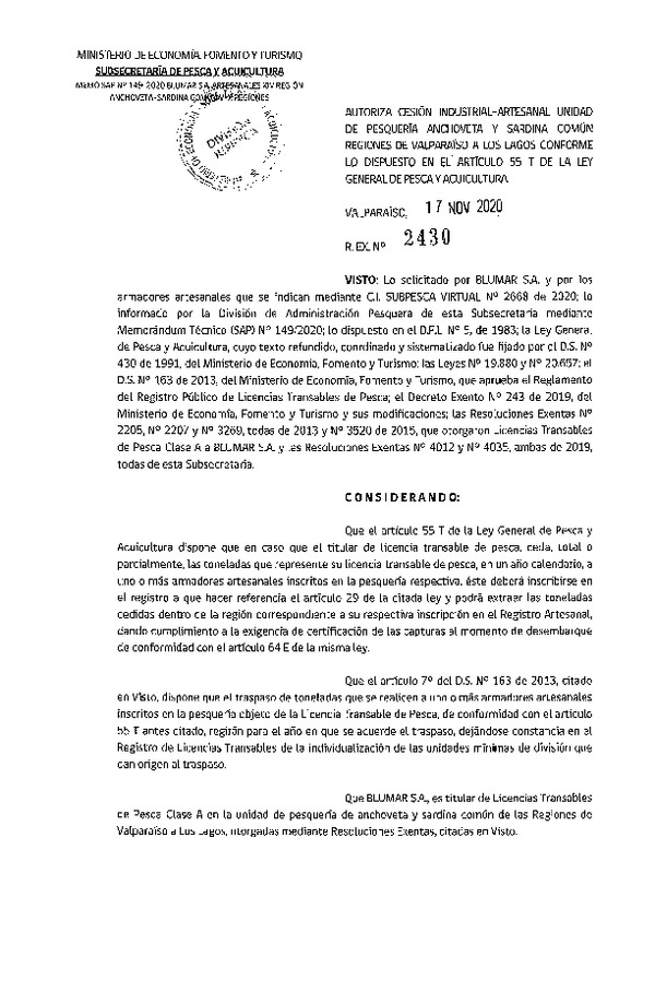 Res. Ex. N° 2430-2020 Autoriza Cesión anchoveta y sardina común Regiones Valparaíso-Los Lagos (Publicado en Página Web 18-11-2020).