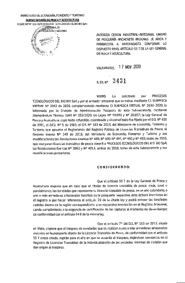 Res. Ex. N° 2431-2020 Autoriza cesión pesquería Anchoveta, Regiones de Arica y Parinacota a Antofagasta. (Publicado en Página Web 18-11-2020)