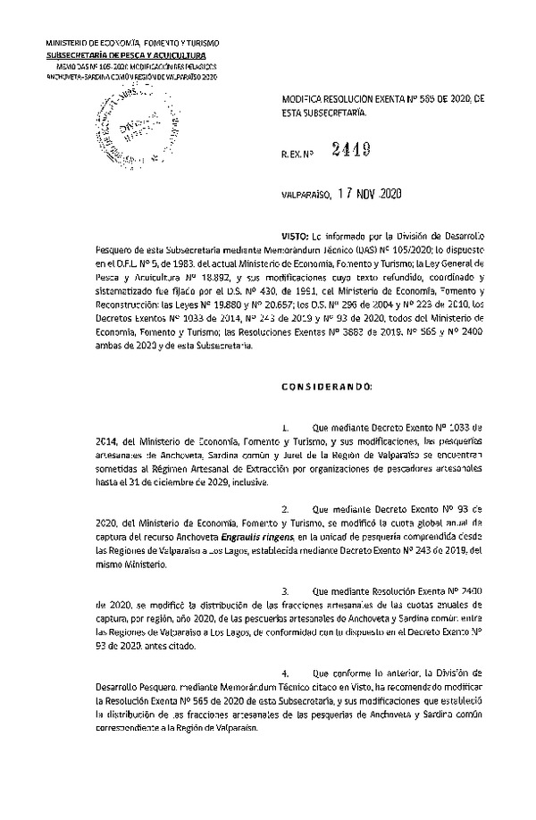 Res. Ex. N° 2449-2020 Modifica Res Ex N° 565-2020, Distribución de la fracción artesanal de pesquería de Anchoveta, Sardina Común en la Región de Valparaíso, año 2020 (Publicado en Página Web 19-11-2020)