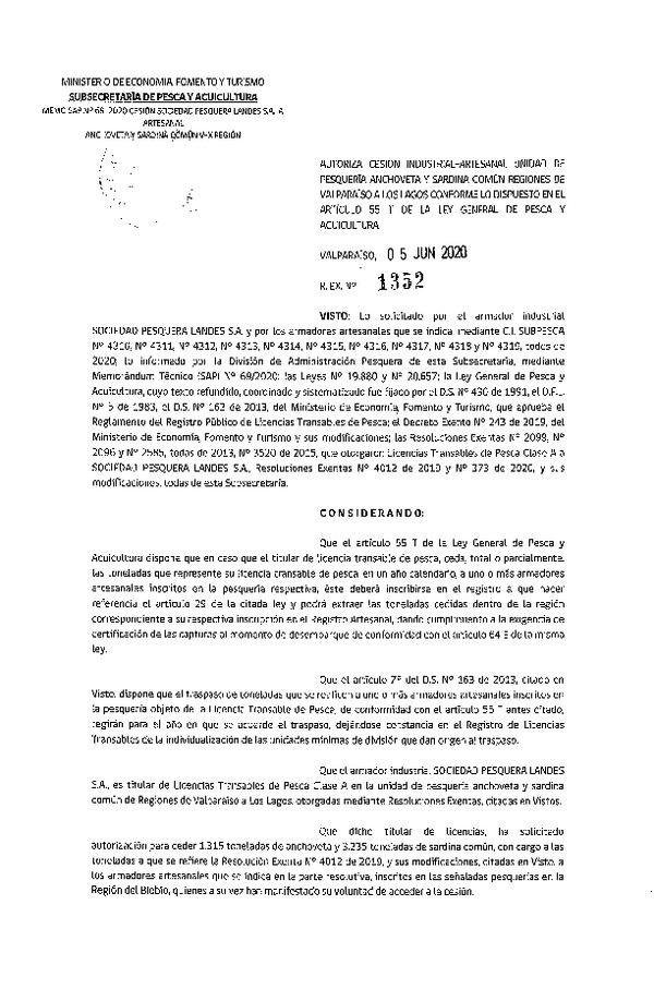 Res. Ex. N° 1352-2020 Autoriza Cesión anchoveta y sardina común Regiones Valparaíso-Los Lagos (Publicado en Página Web 05-06-2020).