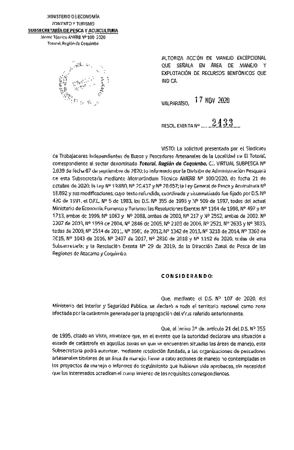 Res. Ex. N° 2433-2020 Autoriza acción de manejo excepcional que señala. (Publicado en Página Web 19-11-2020)