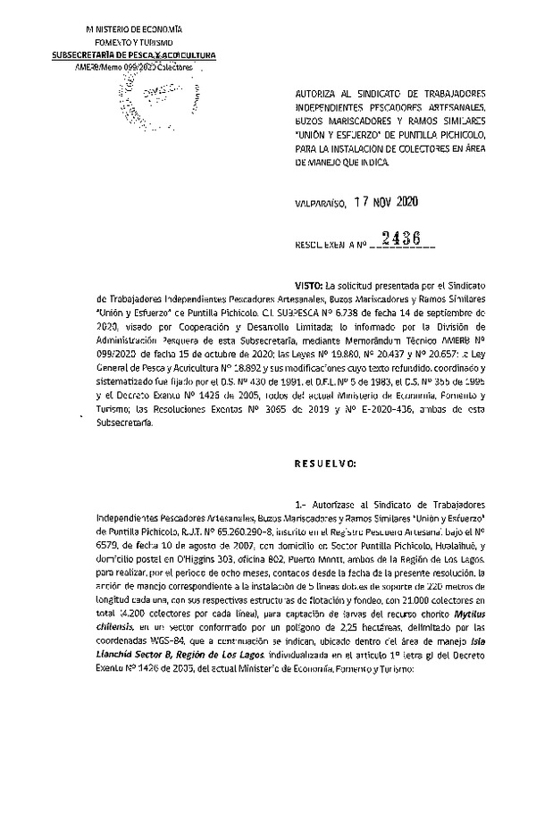 Res. Ex. N° 2436-2020  Autoriza Instalación de colectores. (Publicado en Página Web 19-11-2020)