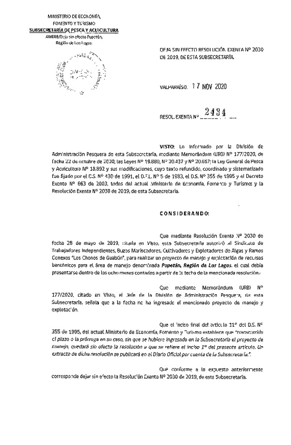 Res. Ex. N° 2434-2020 Deja sin efecto Res. Ex. N° 2030-2019 Proyecto de Manejo. (Publicado en Página Web 19-11-2020)