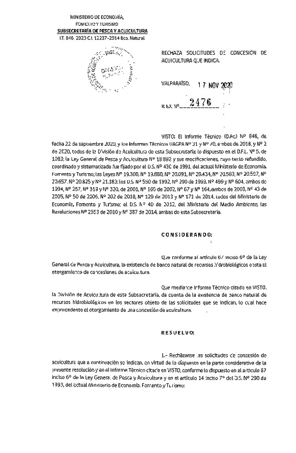 Res. Ex. N° 2476-2020 Rechaza solicitudes de concesión de acuicultura que indica.