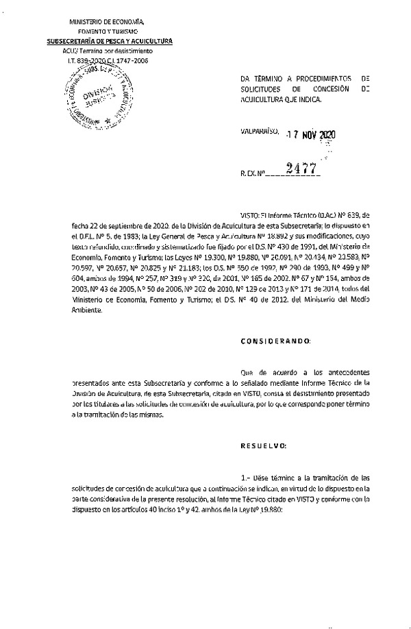 Res. Ex. N° 2477-2020 Da termino a procedimientos de solicitudes de concesión de acuicultura que indica.