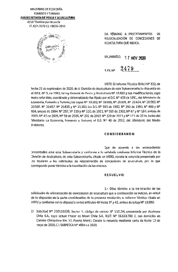 Res. Ex. N° 2479-2020 Da termino a procedimientos de relocalización de concesiones de acuicultura que indica.