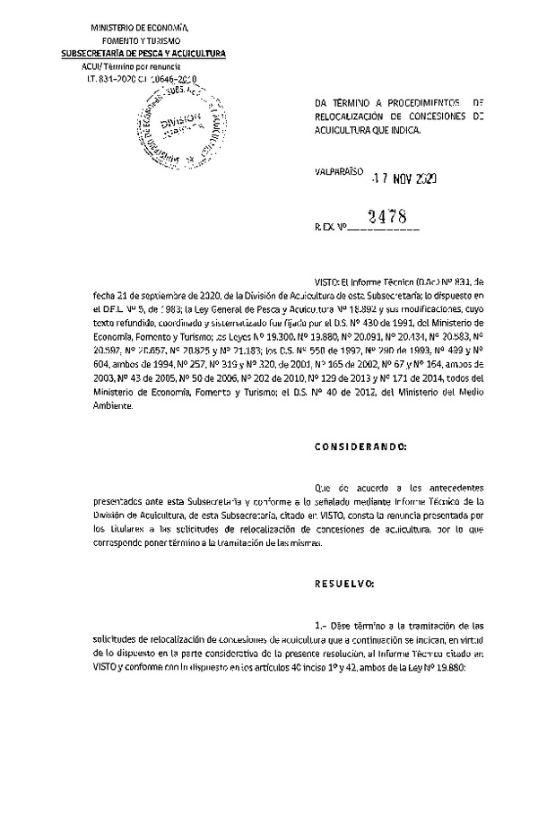 Res. Ex. N° 2478-2020 Da termino a procedimientos de relocalización de concesiones de acuicultura que indica.