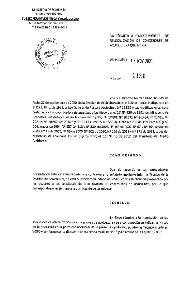 Res. Ex. N° 2480-2020 Da termino a procedimientos de relocalización de concesiones de acuicultura que indica.