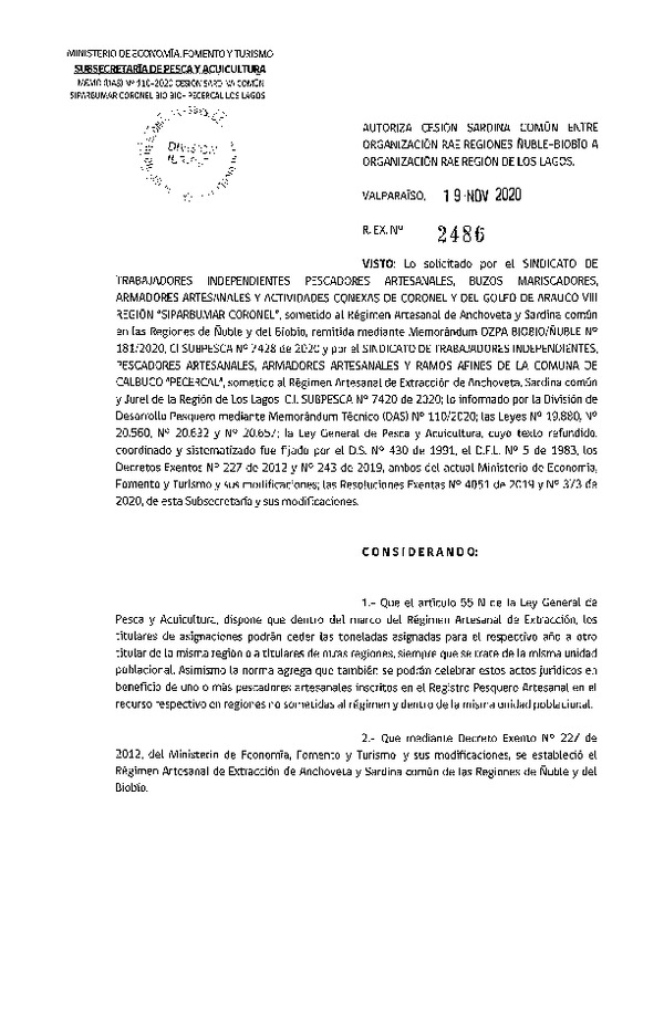 Res. Ex. N° 2486-2020 Autoriza Cesión sardina común Regiones de Ñuble - Biobío a Región de Los Lagos. (Publicado en Página Web 06-11-2020).