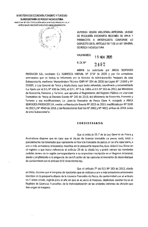 Res. Ex. N° 2492-2020 Autoriza cesión pesquería Anchoveta, Regiones de Arica y Parinacota a Antofagasta. (Publicado en Página Web 20-11-2020)