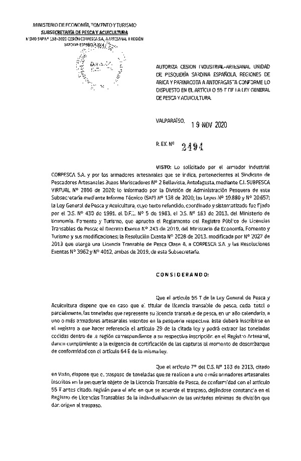 Res. Ex. N° 2494-2020 Autoriza cesión pesquería Sardina española, Regiones de Arica y Parinacota a Antofagasta. (Publicado en Página Web 20-11-2020)