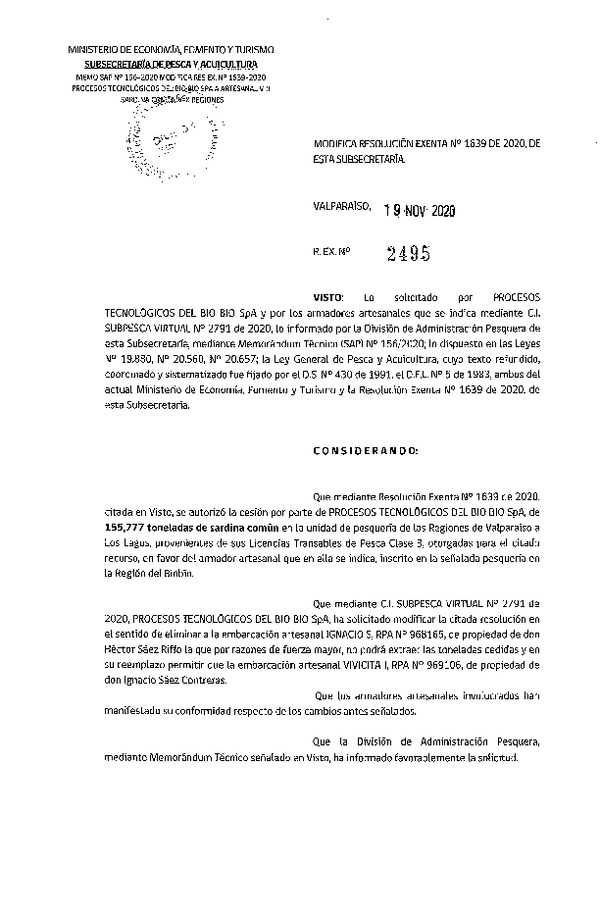 Res. Ex. N° 2495-2020 Modifica Res. Ex. N° 1639-2020 Autoriza Cesión anchoveta y sardina común Regiones Valparaíso-Los Lagos (Publicado en Página Web 20-11-2020).