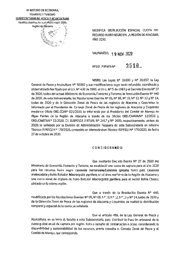 Res. Ex. N°2510-2020 Modifica Res. Ex N° 440-2020 Establece distribución cuota de los recursos Huiro Negro, Huiro Palo y Huiro Flotador en la región de Atacama, año 2020. (Publicado en Página Web 20-11-2020)