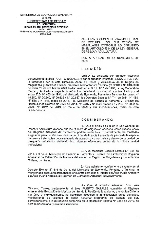 Res. Ex. N° 015-2020 (DZP Región de Magallanes) Autoriza cesión Merluza del sur. (Publicado en Página Web 20-11-2020)