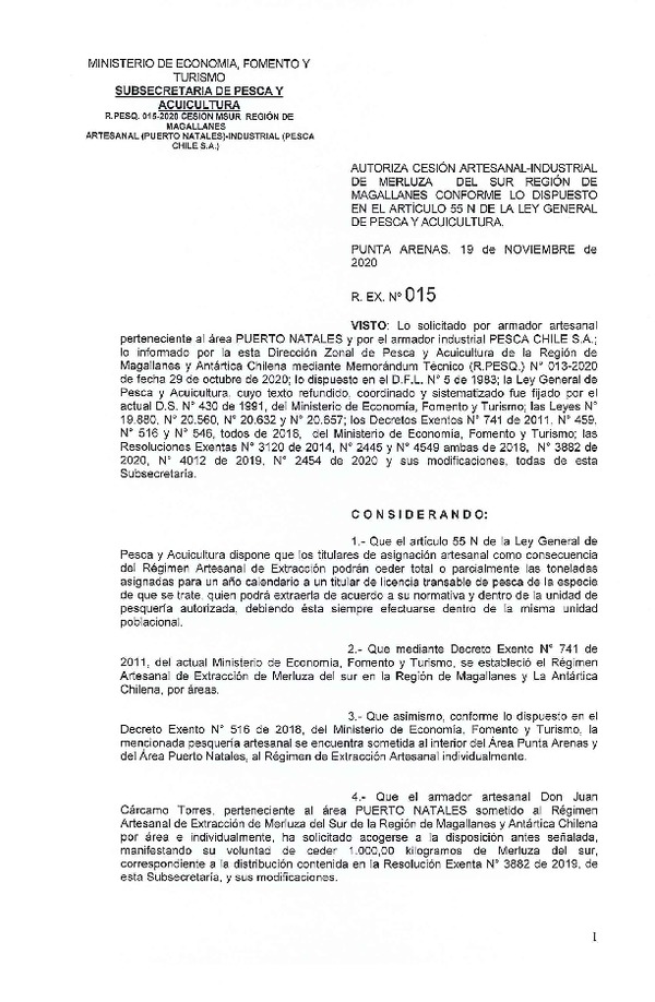 Res. Ex. N° 015-2020 (DZP Región de Magallanes) Autoriza cesión Merluza del sur. (Publicado en Página Web 20-11-2020)