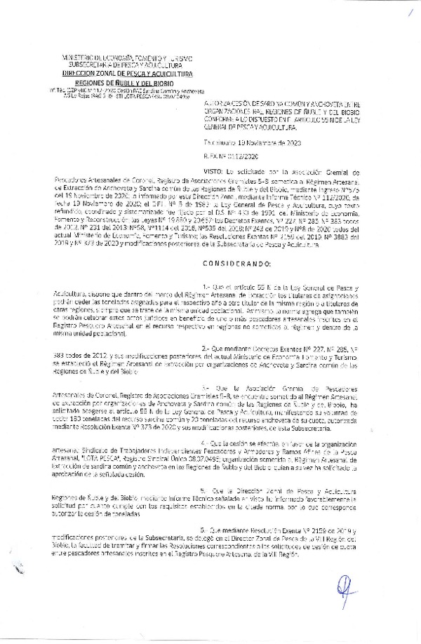 Res. Ex. N° 112-2020 (DZP Ñuble y del Biobío) Autoriza cesión Sardina Común y Anchoveta Región de Ñuble-Biobío (Publicado en Página Web 23-11-2020)