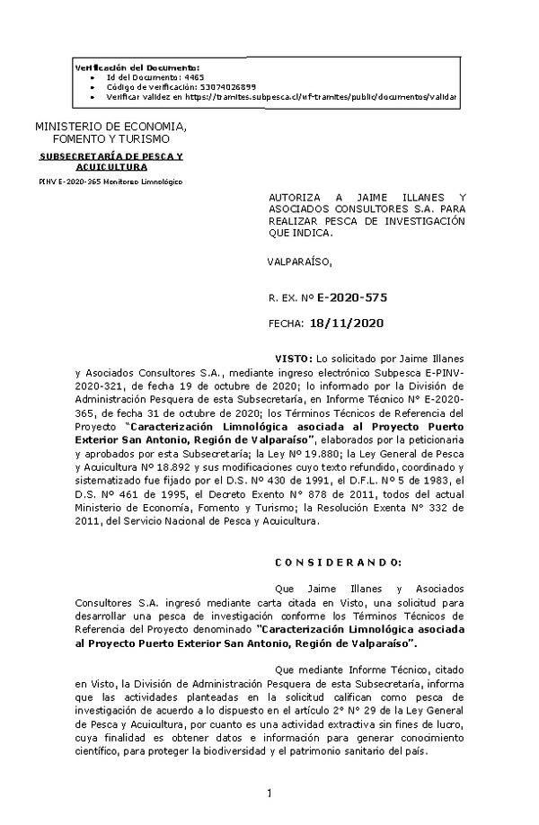 R. EX. Nº E-2020-575 Caracterización Limnológica asociada al Proyecto Puerto Exterior San Antonio, Región de Valparaíso. (Publicado en Página Web 23-11-2020)