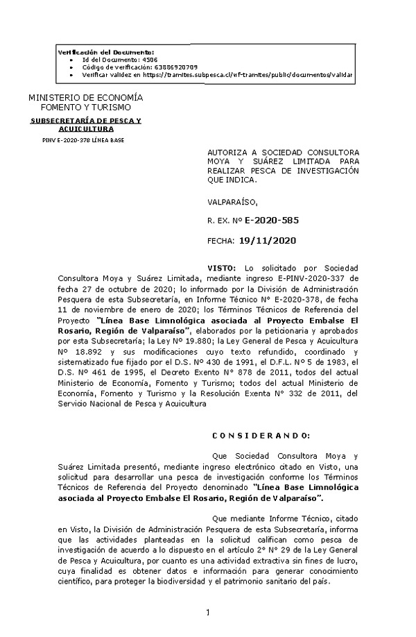 R. EX. Nº E-2020-585 Línea Base Limnológica asociada al Proyecto Embalse El Rosario, Región de Valparaíso. (Publicado en Página Web 23-11-2020)