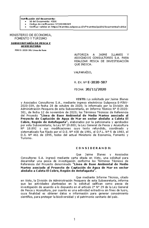 R. EX. Nº E-2020-587 Línea de Base Ambiental de Medio Marino asociado al Proyecto de Captación de Agua de Mar en sector aledaño a Caleta El Cobre, Región de Antofagasta. (Publicado en Página Web 23-11-2020)