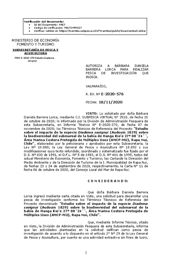 R. EX. Nº E-2020-576 Estudio sobre el impacto de la especie Diadema savignyi (Audouin 1829) sobre la biodiversidad del submareal de la bahía de Hanga Kio’e 27º 08´24´´, Área Marina Costera Protegida de Múltiples Usos (AMCP-MU), Rapa Nui. (Publicado en Página Web 23-11-2020)