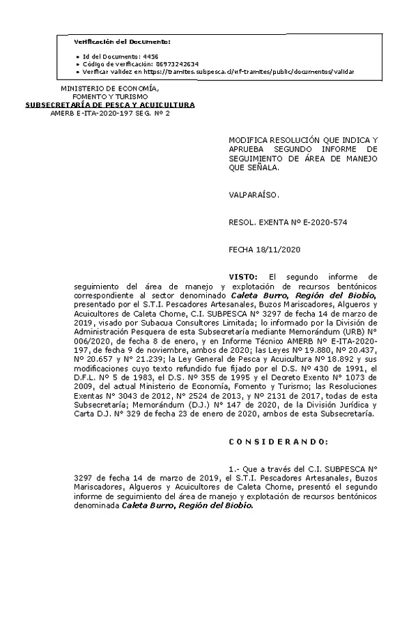 RESOL. EXENTA Nº E-2020-574  Modifica resolución que indica. Aprueba 2° Seguimiento. (Publicado en Página Web 23-11-2020)