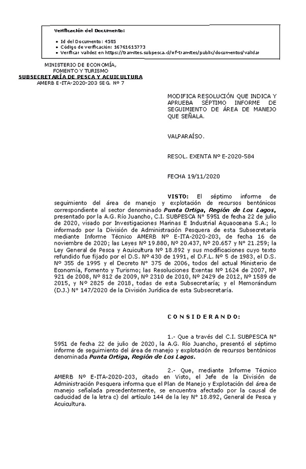 RESOL. EXENTA Nº E-2020-584 Modifica resolución que indica. Aprueba 7° Seguimiento. (Publicado en Página Web 23-11-2020)