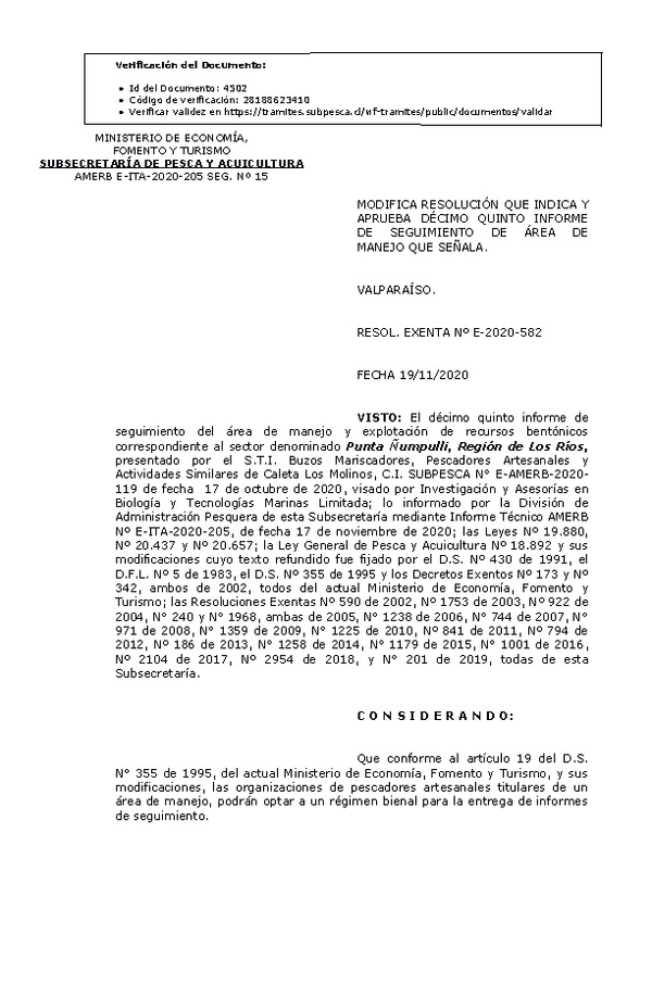 RESOL. EXENTA Nº E-2020-582 Modifica resolución que indica. Aprueba 15° Seguimiento. (Publicado en Página Web 23-11-2020)