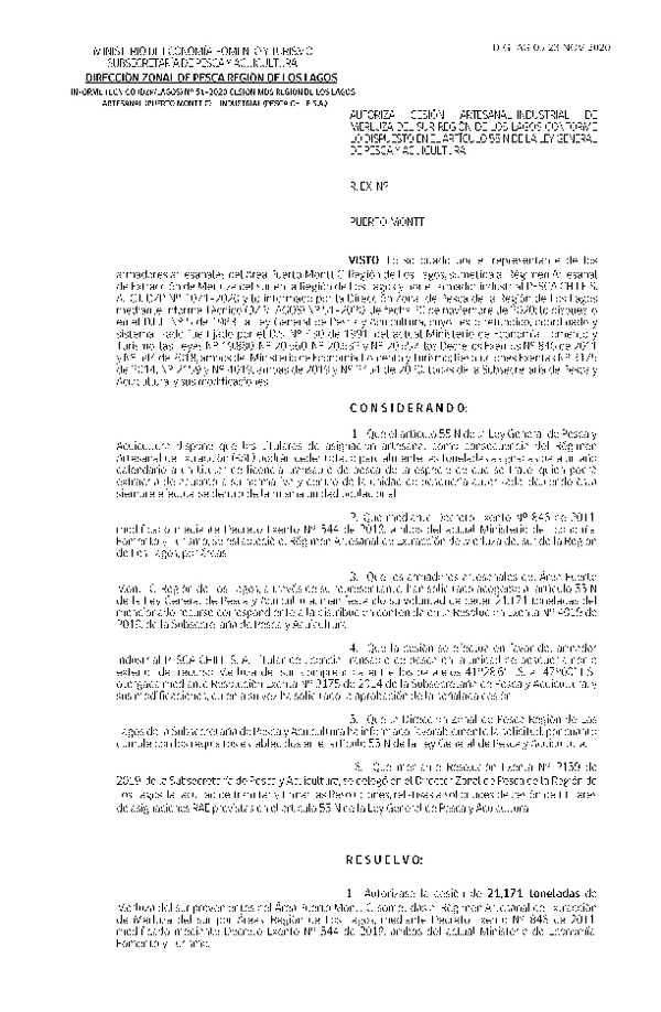 Res. Ex. DIGLAG N° 05-2020 (DZP Región de Los Lagos) Autoriza cesión Merluza del Sur (Publicado en Página Web 24-11-2020).