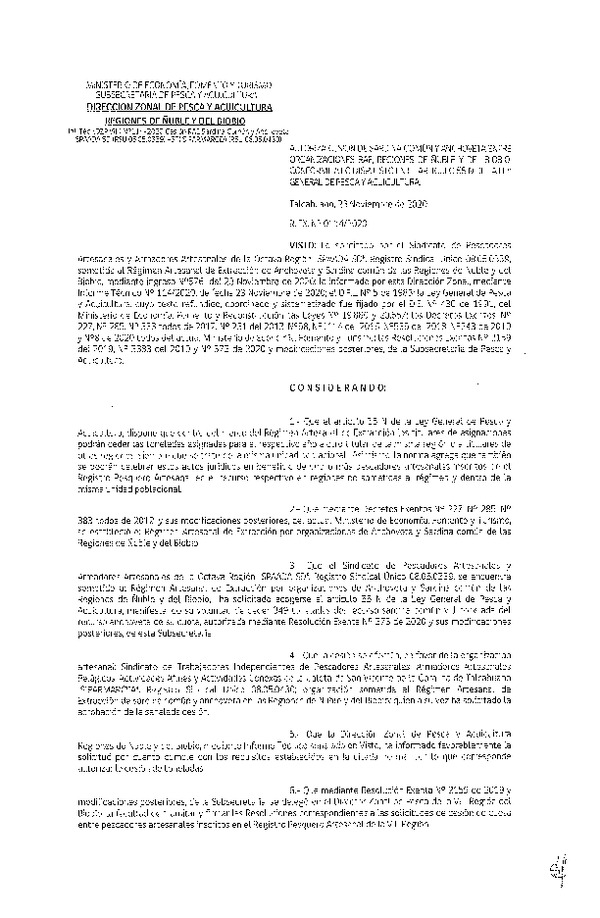 Res. Ex. N° 114-2020 (DZP Ñuble y del Biobío) Autoriza cesión Sardina Común y Anchoveta Región de Ñuble-Biobío (Publicado en Página Web 24-11-2020)
