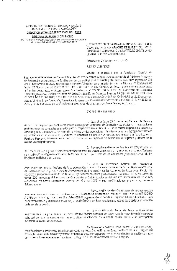 Res. Ex. N° 116-2020 (DZP Ñuble y del Biobío) Autoriza cesión Sardina Común y Anchoveta Región de Ñuble-Biobío (Publicado en Página Web 24-11-2020)