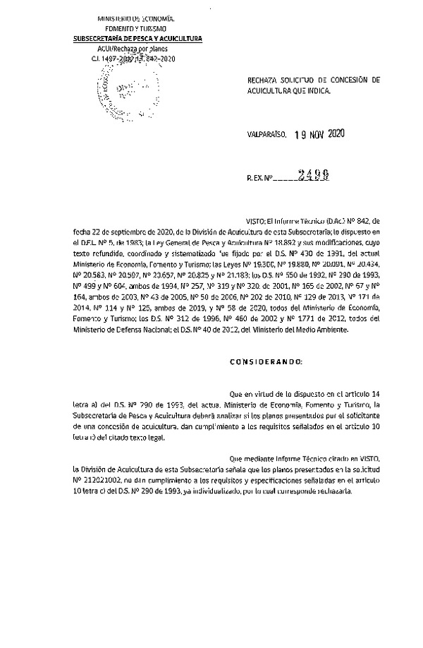 Res. Ex. N° 2499-2020 Rechaza solicitud de concesión de acuicultura que indica.