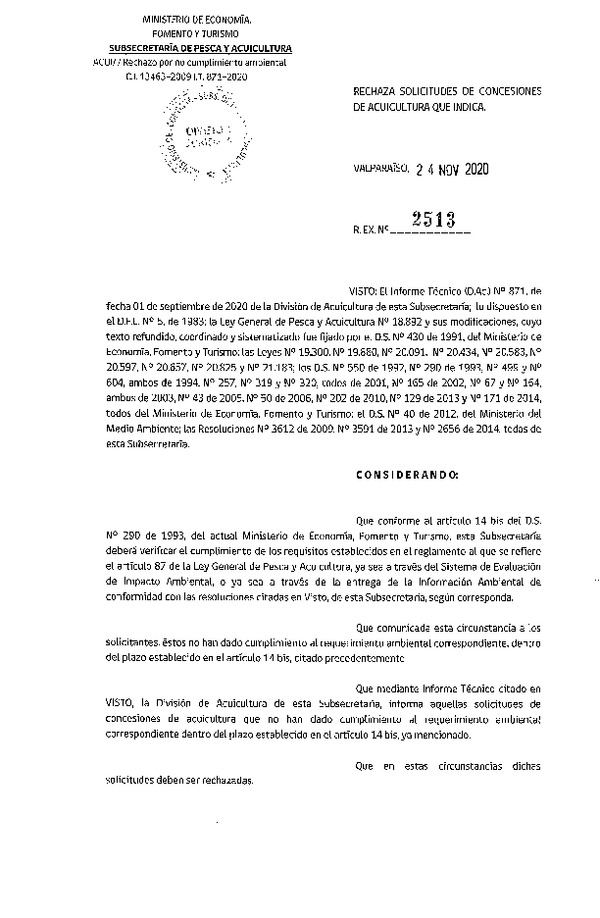 Res. Ex. N° 2513-2020 Rechaza solicitudes de concesión de acuicultura que indica.