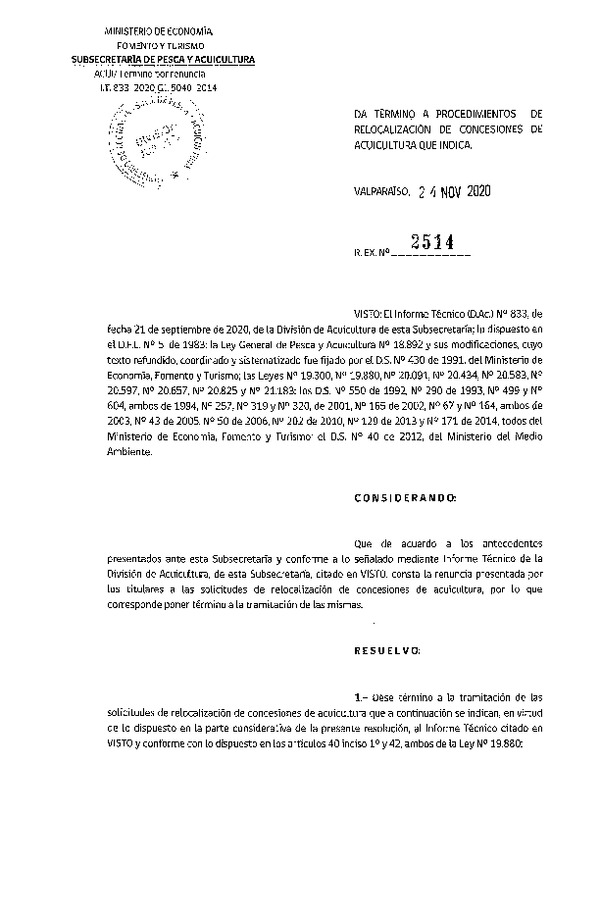 Res. Ex. N° 2514-2020 Da termino a procedimientos de relocalización de concesiones de acuicultura que indica.