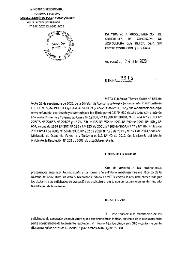 Res. Ex. N° 2515-2020 Da término a procedimientos de solicitudes de concesión de acuicultura que indica.