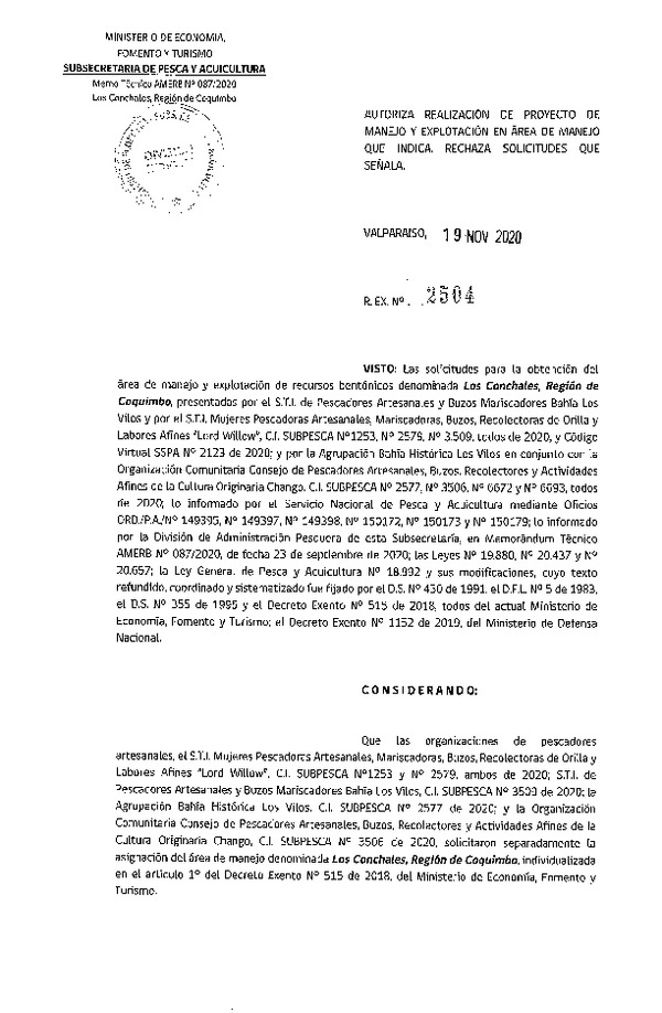 Res. Ex. N° 2504-2020 Autoriza Proyecto de Manejo. (Publicado en Página Web 24-11-2020)