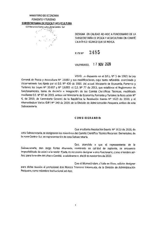 Res. Ex. N° 2485-2020 Designa Funcionario en Comité Científico Técnico de los Recursos Demersales Zona Centro-Sur. (Publicado en Página Web 25-