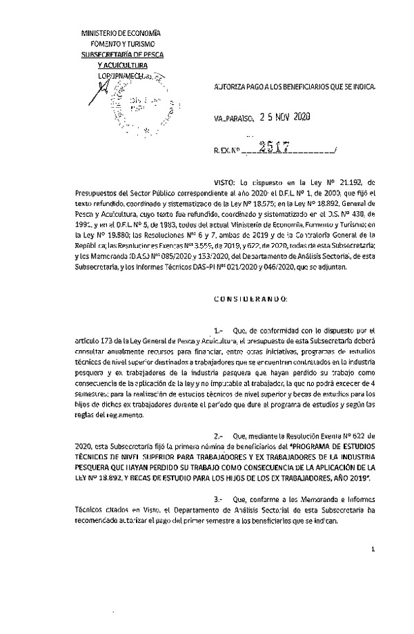 Res. Ex. N° 2517-2020 Autoriza pago a beneficiarios que se indica. (Publicado en Página Web 25-11-2020)