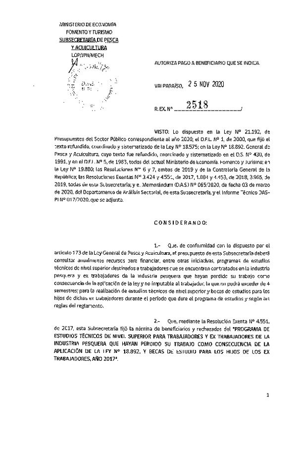 Res. Ex. N° 2518-2020 Rectifica Res. Ex. N° 3906-2019 que Autoriza pago de tercer semestre de beneficio complementario de becas a beneficiarios que indica. (Publicado en Página Web 25-11-2020)