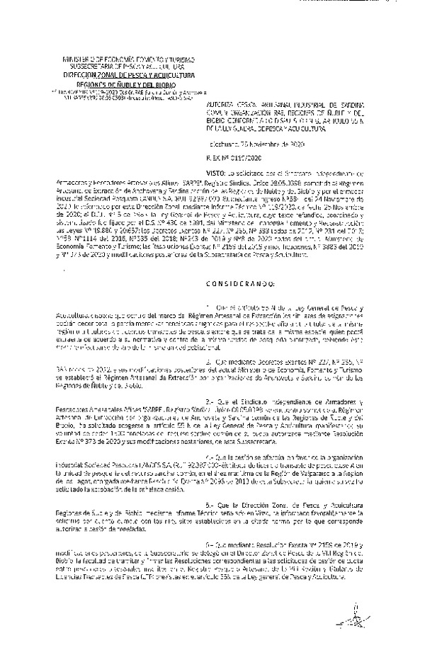 Res. Ex. N° 119-2020 (DZP Ñuble y del Biobío) Autoriza cesión Sardina Común Región de Ñuble-Biobío (Publicado en Página Web 25-11-2020)