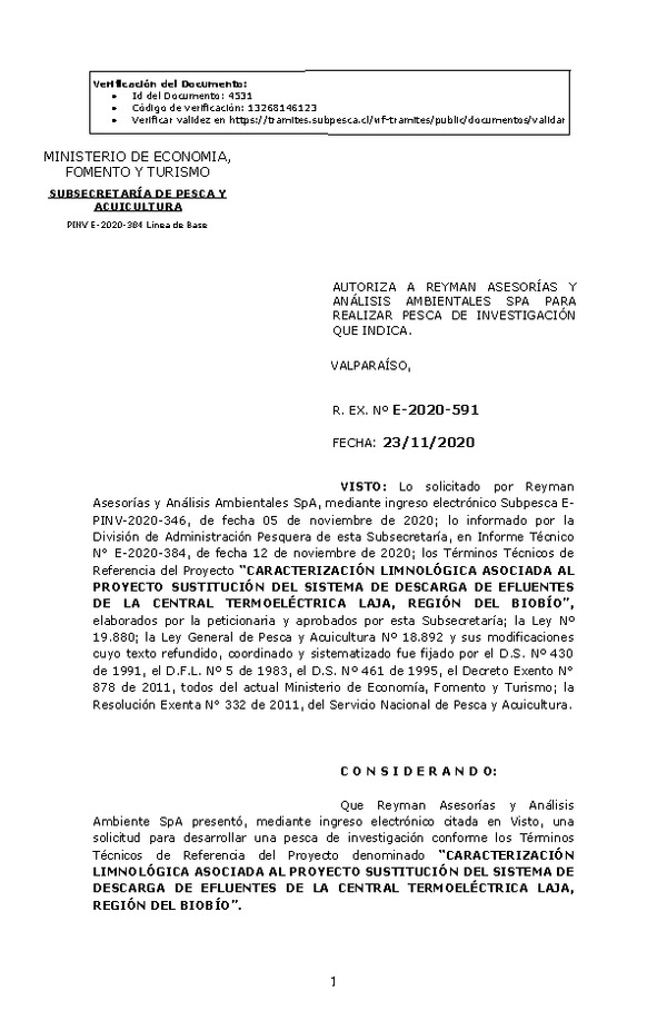 R. EX. Nº E-2020-591 Caracterización Limnológica Asociada al Proyecto Sustitución del Sistema de Descarga de Efluentes de la Central Termoeléctrica Laja, Región del Biobío. (Publicado en Página Web 26-11-2020)