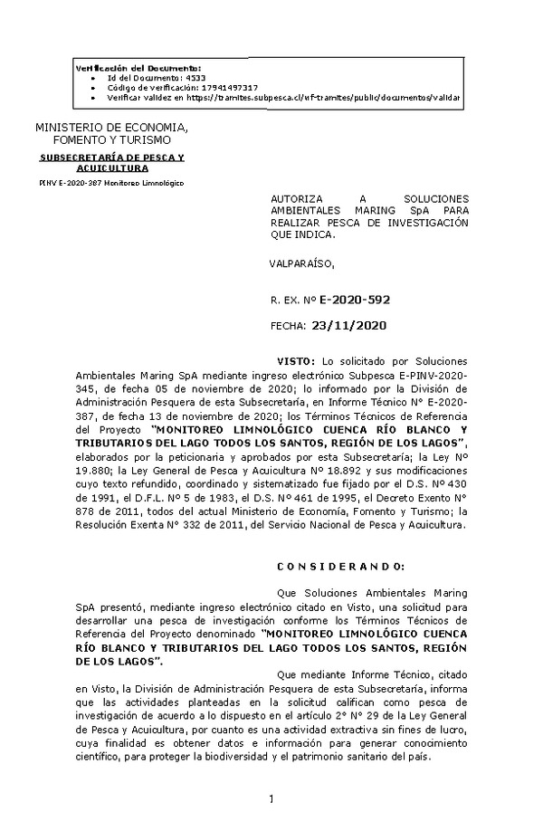 R. EX. Nº E-2020-592 Monitoreo Limnológico Cuenca Río Blanco y Tributarios del Lago Todos Los Santos, Región de Los Lagos. (Publicado en Página Web 26-11-2020)