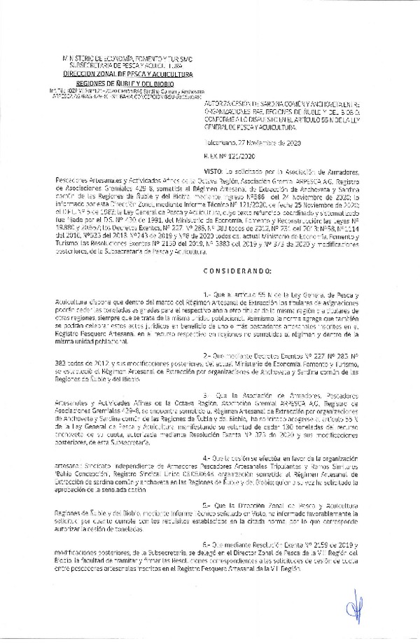 Res. Ex. N° 121-2020 (DZP Ñuble y del Biobío) Autoriza cesión Sardina Común y Anchoveta Región de Ñuble-Biobío (Publicado en Página Web 27-11-2020)