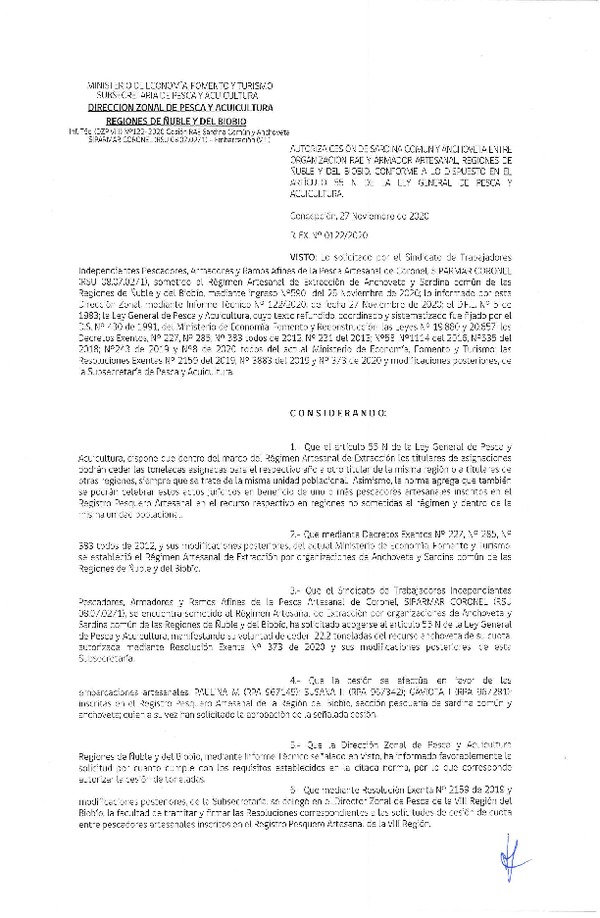 Res. Ex. N° 122-2020 (DZP Ñuble y del Biobío) Autoriza cesión Sardina Común y Anchoveta Región de Ñuble-Biobío (Publicado en Página Web 27-11-2020)