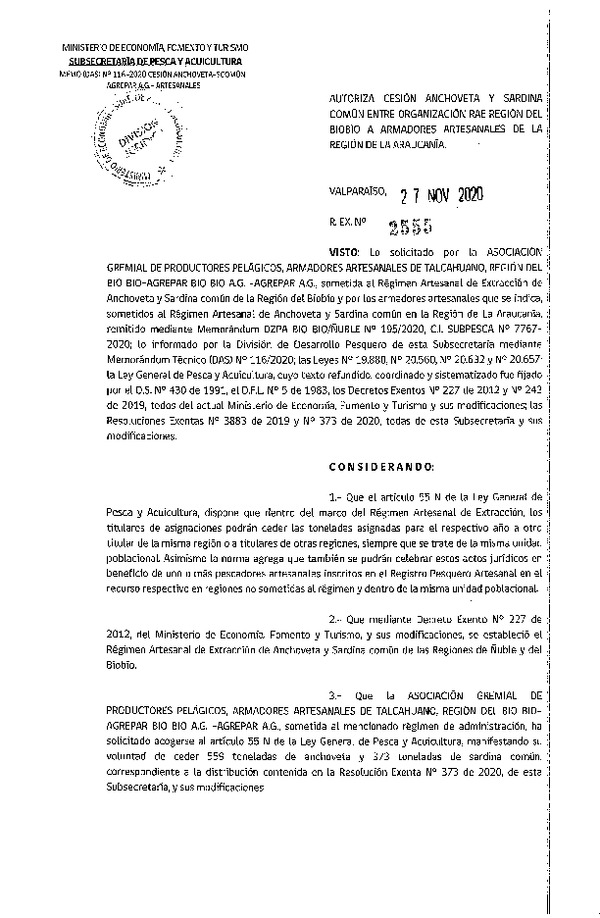 Res. Ex. N° 2555-2020 Autoriza cesión de Anchoveta y Sardina común Región del Biobío a Región de La Araucanía. (Publicado en Página Web 27-11-2020)