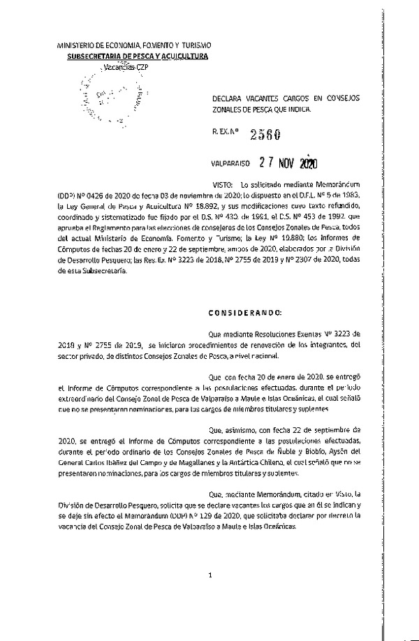 Res. Ex. N° 2560-2020 Declara Vacantes Cargos en Consejos Zonales de Pesca que Indica. (Publicado en Página Web 30-11-2020)