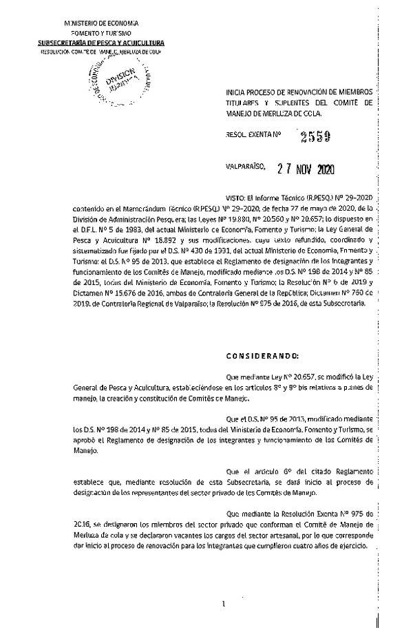 Res. Ex. N° 2559-2020 Inicia Proceso de Renovación de Miembros del Comité de Manejo de Merluza de cola. (Publicado en Página Web 30-11-2020)