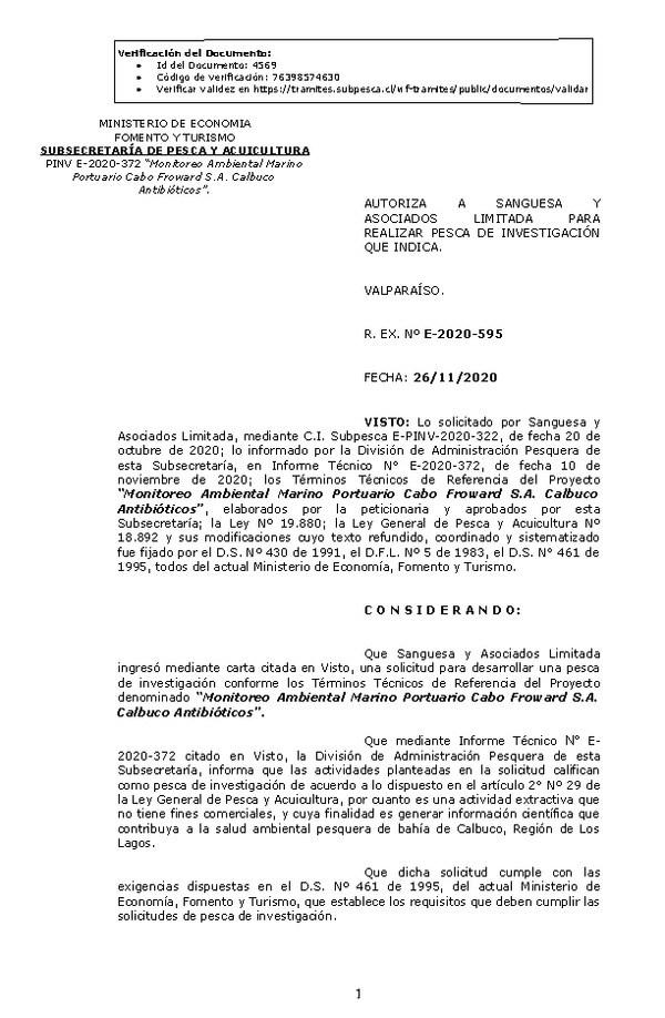 R. EX. Nº E-2020-595 Monitoreo Ambiental Marino Portuario Cabo Froward S.A. Calbuco Antibióticos. (Publicado en Página Web 30-11-2020)