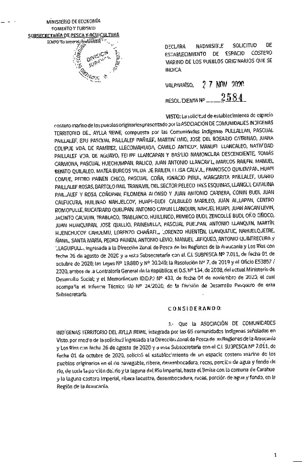 Res. Ex. N° 2584-2020 Declara inadmisible solicitud de establecimiento de ECMPO que indica.  (Publicado en Página Web 01-12-2020)