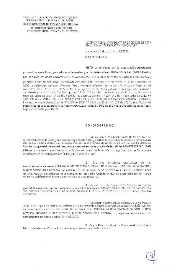 Res. Ex. N° 124-2020 (DZP Ñuble y del Biobío) Modifica Res Ex N° 0055-2020, (DZP VIII), Autoriza cesión Sardina Común y Anchoveta Región de Ñuble-Biobío (Publicado en Página Web 01-12-2020)