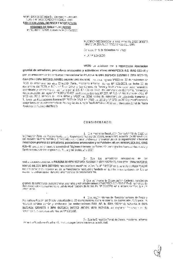 Res. Ex. N° 125-2020 (DZP Ñuble y del Biobío) Modifica Res Ex N° 0059-2020, (DZP VIII), Autoriza cesión Sardina Común y Anchoveta Región de Ñuble-Biobío (Publicado en Página Web 01-12-2020)